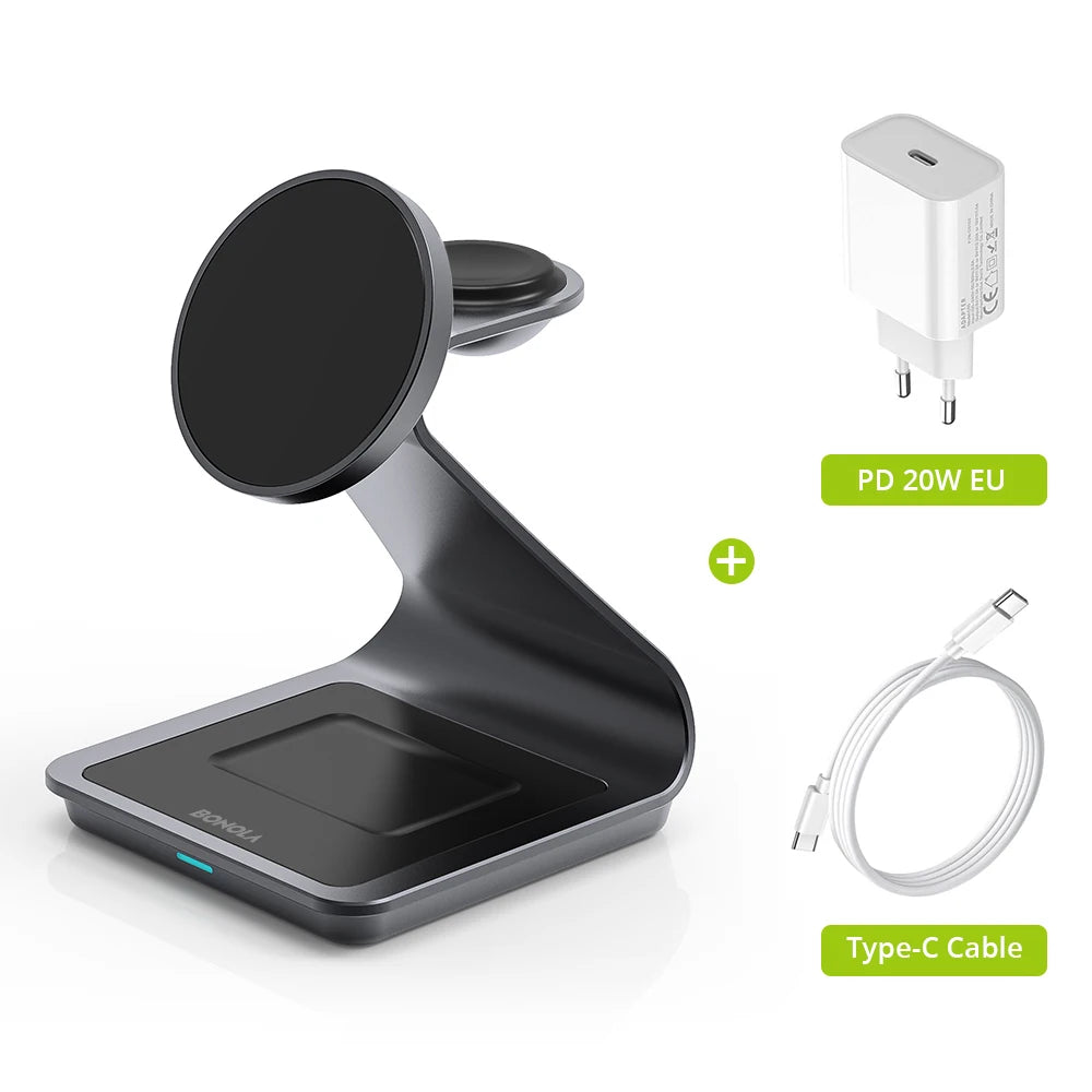Carregador sem fio 3 em 1 Bonola Magnetic para iPhone 17/16/15/13/14/12 Estação de carregamento sem fio de 30 W para Apple Watch/AirPods Pro