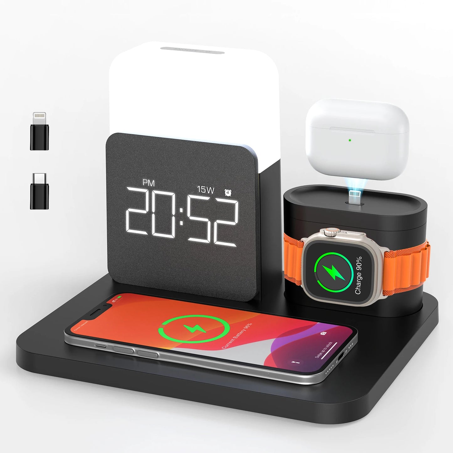 Estação de carregamento sem fio 7 em 1 MagSafe com despertador para iPhone 12-16/Samsung/Xiaomi/Huawei/Apple Watch/AirPods com luz noturna