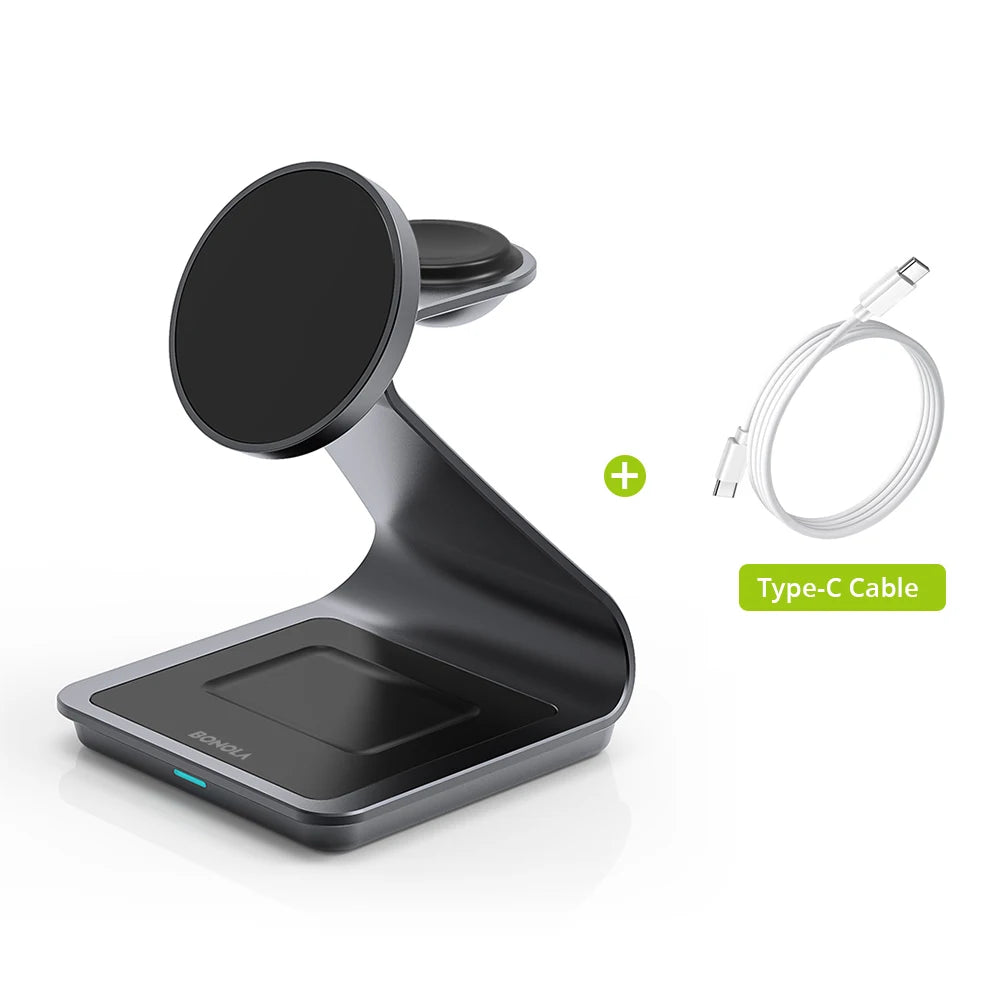 Carregador sem fio 3 em 1 Bonola Magnetic para iPhone 17/16/15/13/14/12 Estação de carregamento sem fio de 30 W para Apple Watch/AirPods Pro