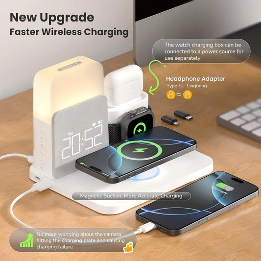 Estação de carregamento sem fio 7 em 1 MagSafe com despertador para iPhone 12-16/Samsung/Xiaomi/Huawei/Apple Watch/AirPods com luz noturna