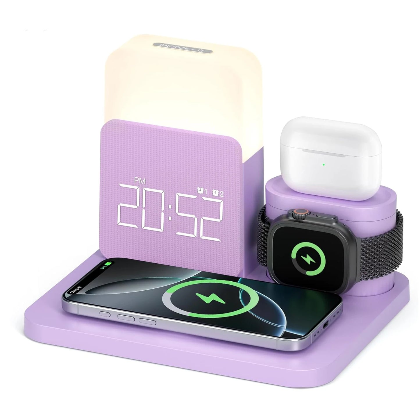Estação de carregamento sem fio 7 em 1 MagSafe com despertador para iPhone 12-16/Samsung/Xiaomi/Huawei/Apple Watch/AirPods com luz noturna