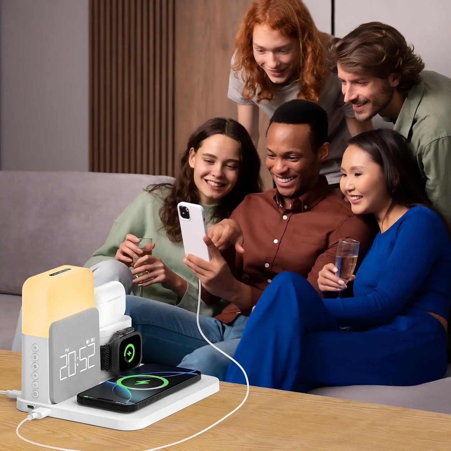 Estação de carregamento sem fio 7 em 1 MagSafe com despertador para iPhone 12-16/Samsung/Xiaomi/Huawei/Apple Watch/AirPods com luz noturna