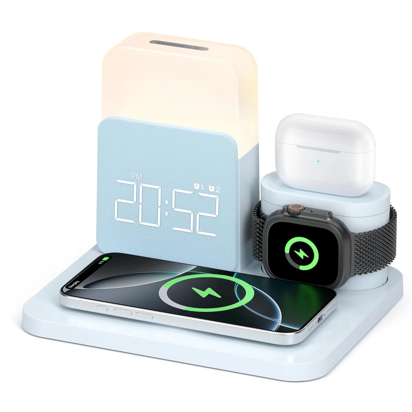 Estação de carregamento sem fio 7 em 1 MagSafe com despertador para iPhone 12-16/Samsung/Xiaomi/Huawei/Apple Watch/AirPods com luz noturna