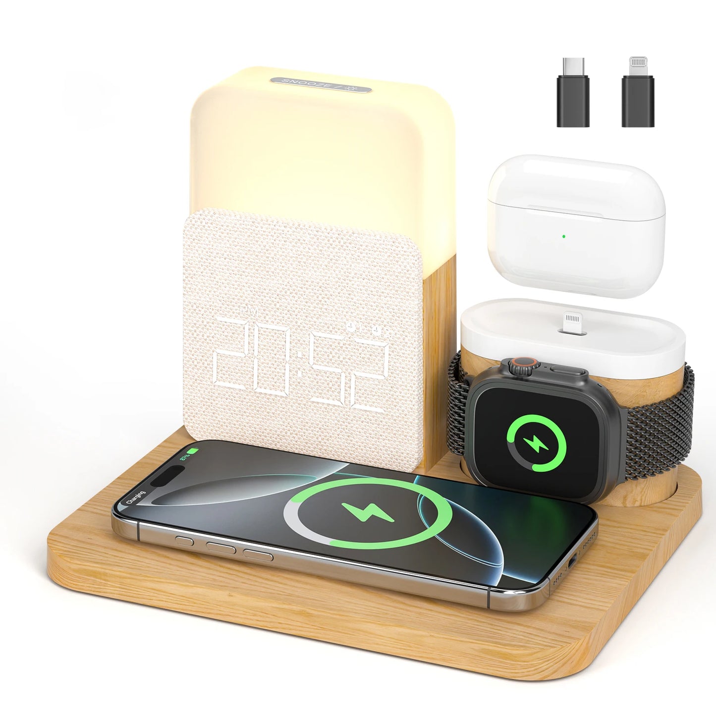 Estação de carregamento sem fio 7 em 1 MagSafe com despertador para iPhone 12-16/Samsung/Xiaomi/Huawei/Apple Watch/AirPods com luz noturna