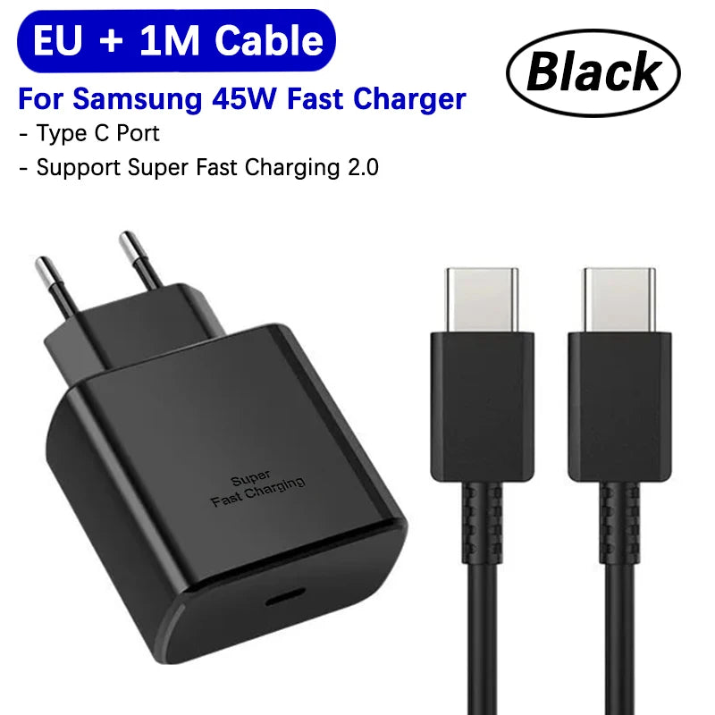 Carregador Samsung Super Rápido 45w PD Adaptador UE EUA Tipo C para Galaxy S26 S25 FE S24 Ultra S23 Plus A55 A56 M55 Tab S11 S10