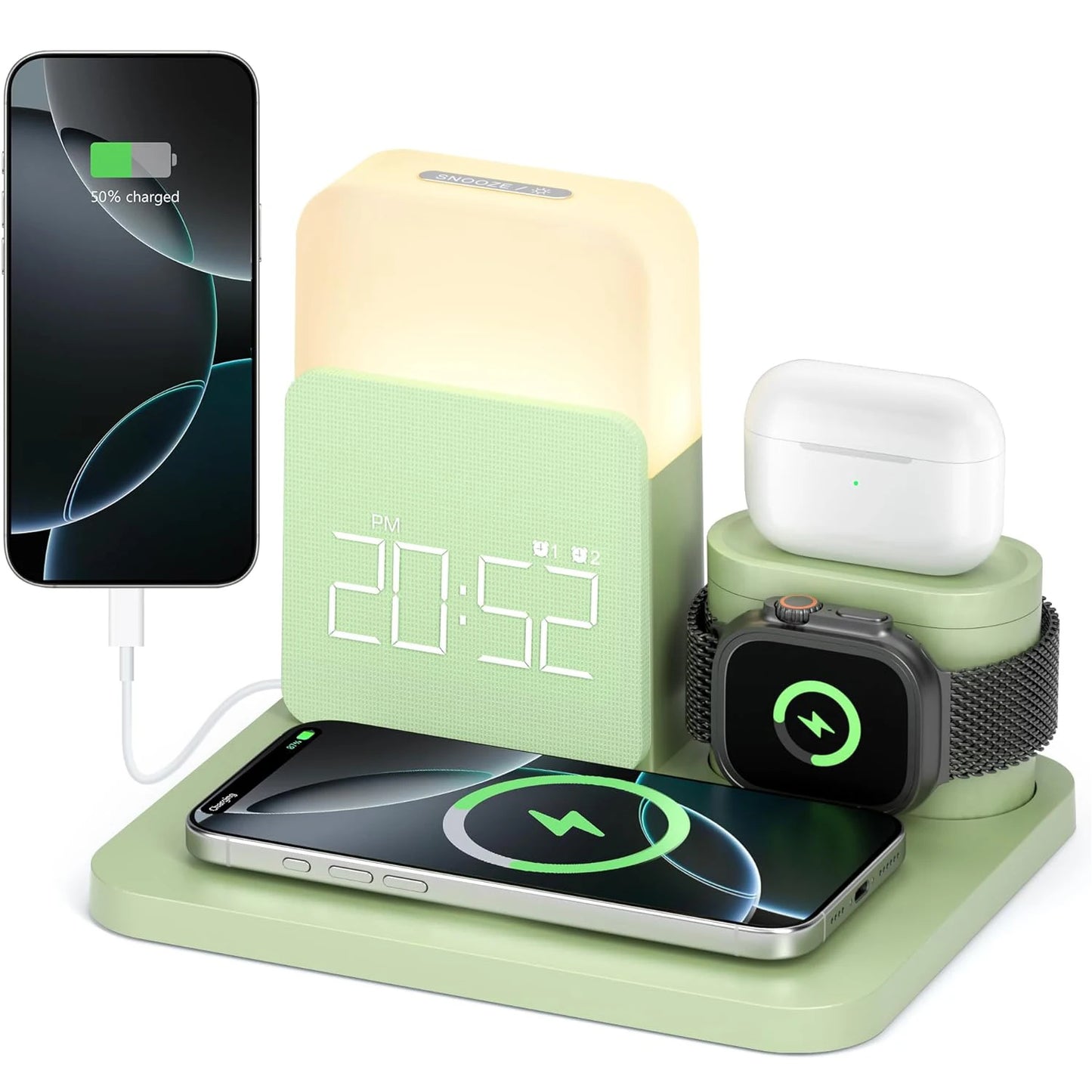 Estação de carregamento sem fio 7 em 1 MagSafe com despertador para iPhone 12-16/Samsung/Xiaomi/Huawei/Apple Watch/AirPods com luz noturna