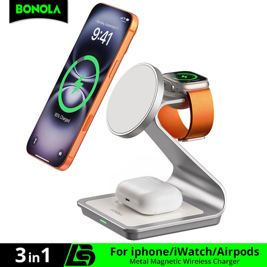 Carregador sem fio 3 em 1 Bonola Magnetic para iPhone 17/16/15/13/14/12 Estação de carregamento sem fio de 30 W para Apple Watch/AirPods Pro