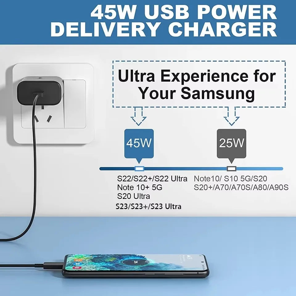 Carregador Samsung Super Rápido 45w PD Adaptador UE EUA Tipo C para Galaxy S26 S25 FE S24 Ultra S23 Plus A55 A56 M55 Tab S11 S10