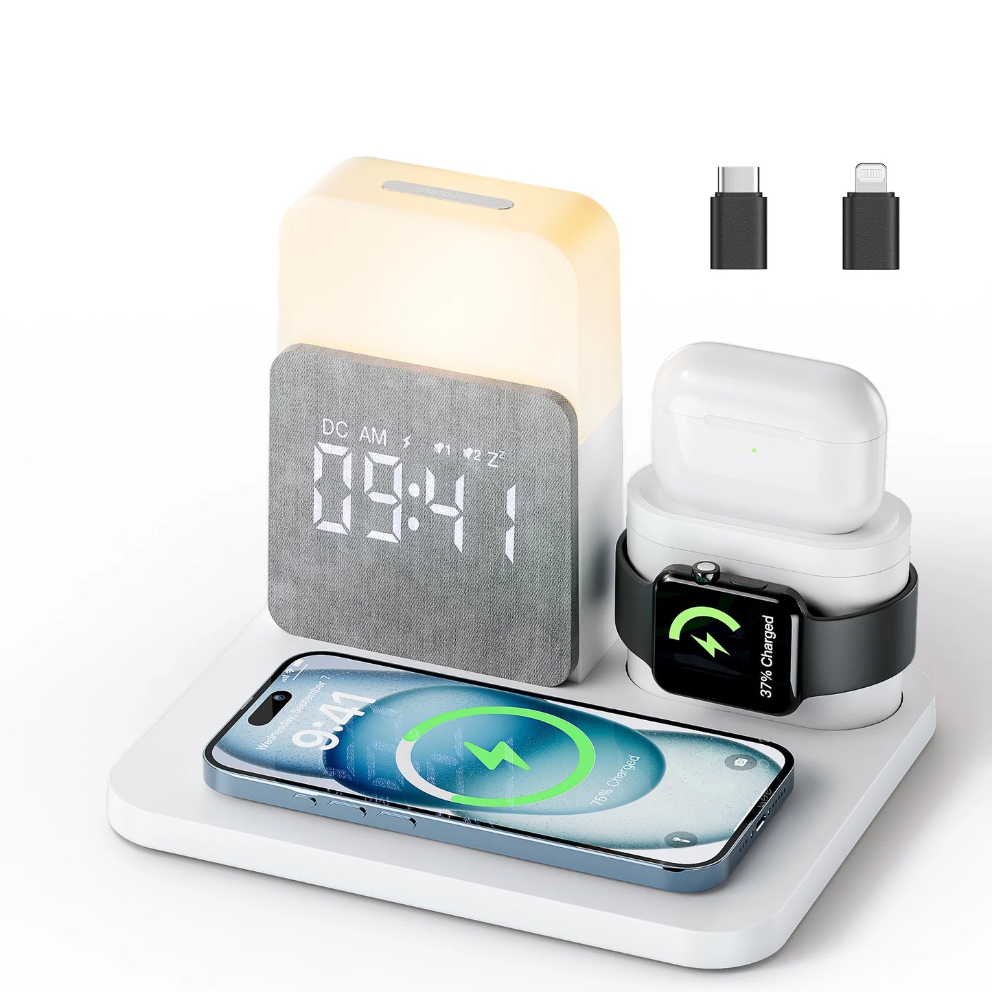 Estação de carregamento sem fio 7 em 1 MagSafe com despertador para iPhone 12-16/Samsung/Xiaomi/Huawei/Apple Watch/AirPods com luz noturna