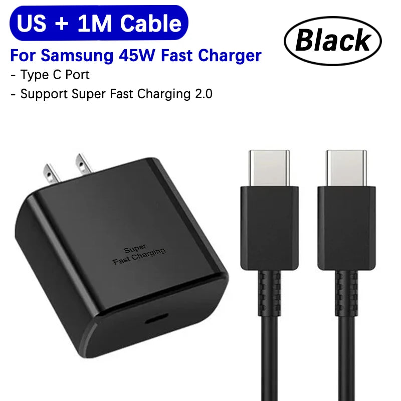 Carregador Samsung Super Rápido 45w PD Adaptador UE EUA Tipo C para Galaxy S26 S25 FE S24 Ultra S23 Plus A55 A56 M55 Tab S11 S10