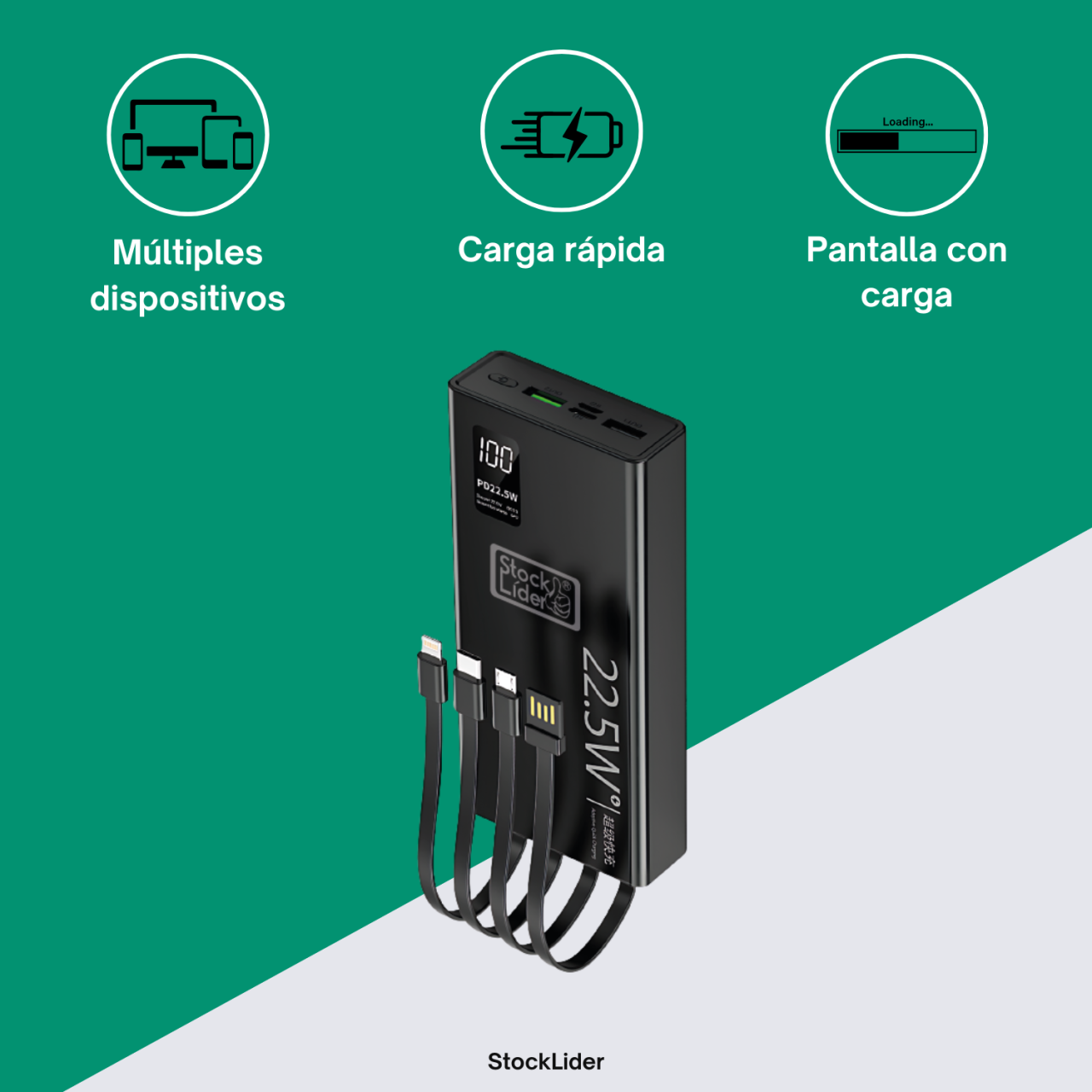 PowerBank Ultimate 20.000mAh | 22,5W com 5 Saídas e Cabos Integrados