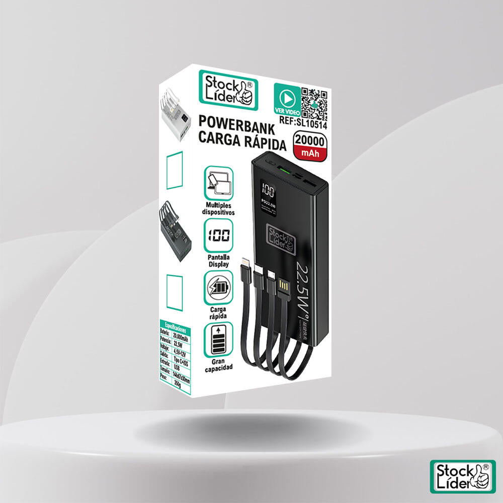 PowerBank Ultimate 20.000mAh | 22,5W com 5 Saídas e Cabos Integrados